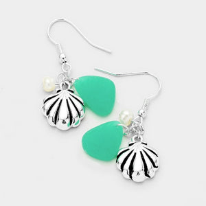 Sea Glass Metal Shell Pearl Dangle Earrings