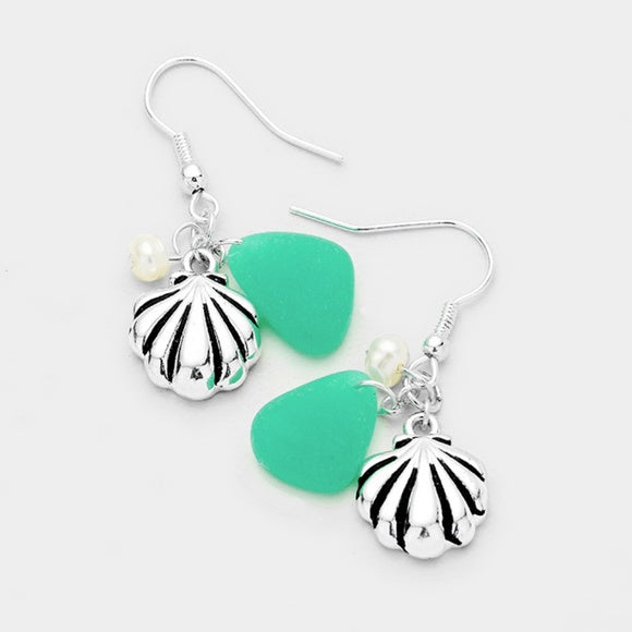 Sea Glass Metal Shell Pearl Dangle Earrings