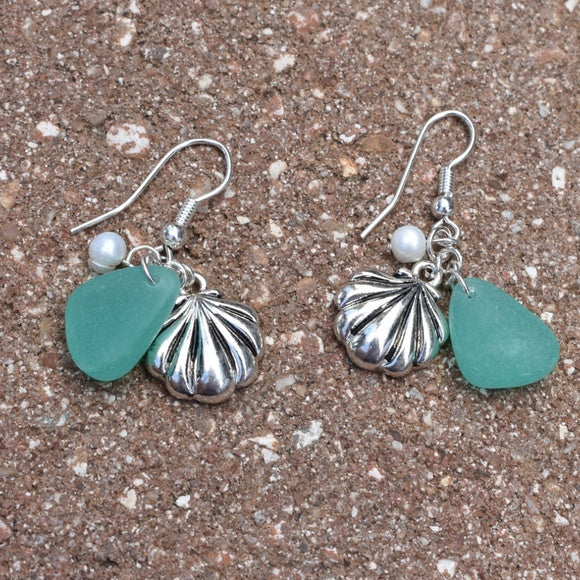 Sea Glass Metal Shell Pearl Dangle Earrings